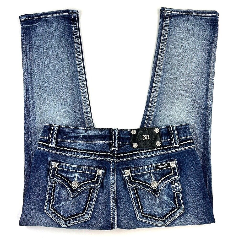 Miss Me Boyfriend Capri Distressed Jeans Flap Pocket Stretch Blue Womens 28x25